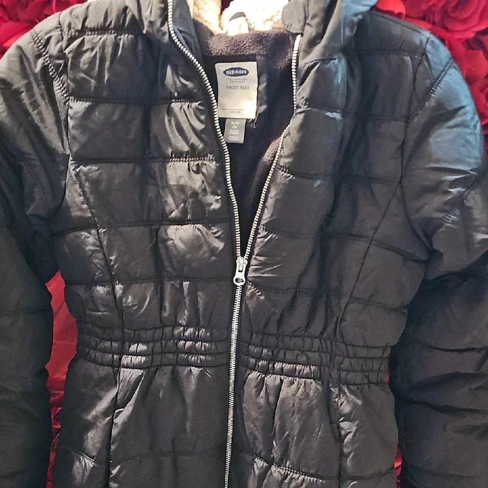 Old Navy Girls Black Quilted Fleece Lined Long Zipper Jacket Size (14)